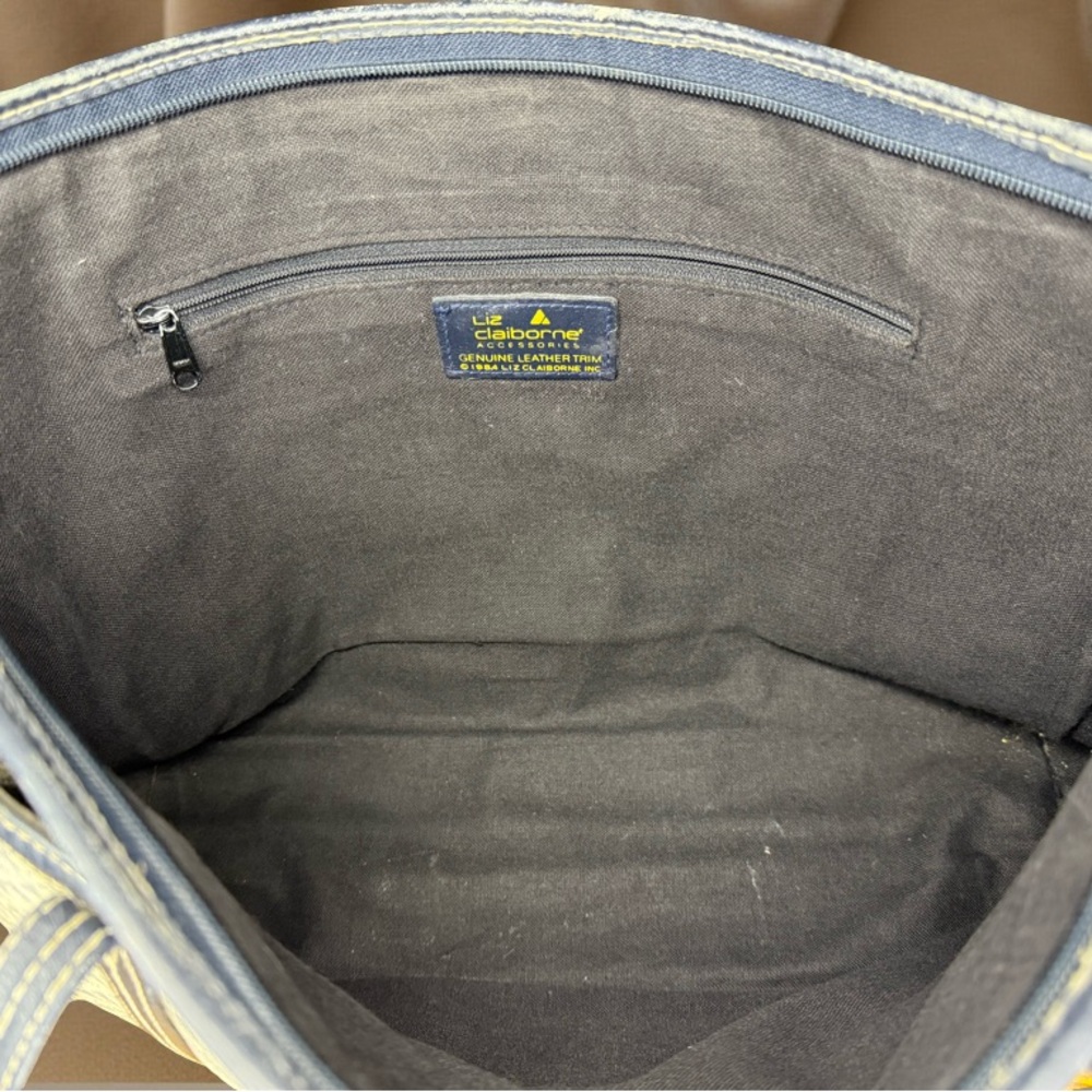 Vintage 1984 Liz Claiborne Leather Trimmed Navy & Grey Tote - Picture 8 of 9